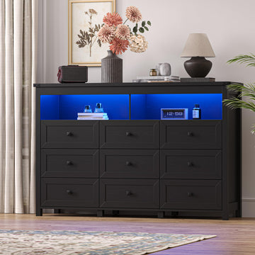 Dresser with 9 Drawers, LED Lights, Power Outlet, Black