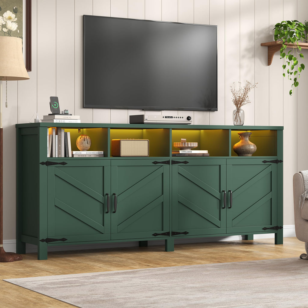 Buffet Sideboard with Storage with Power Outlets & LED Light, Large Farmhouse Kitchen Storage Cabinet Wood 4 Doors