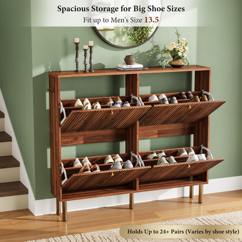 Shoe Storage Cabinet - 4 Flip Drawers Shoe Cabinet with Tiered Fluted Design - Slim Shoe Storage Rack with Gold Legs