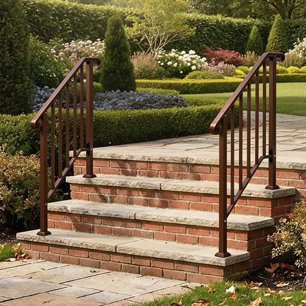 2 Pack Handrails for Outdoor Steps, Stair Handrail Kit Fits 1 to 5 Steps, Wrought Iron Hand Rail with Curved End &