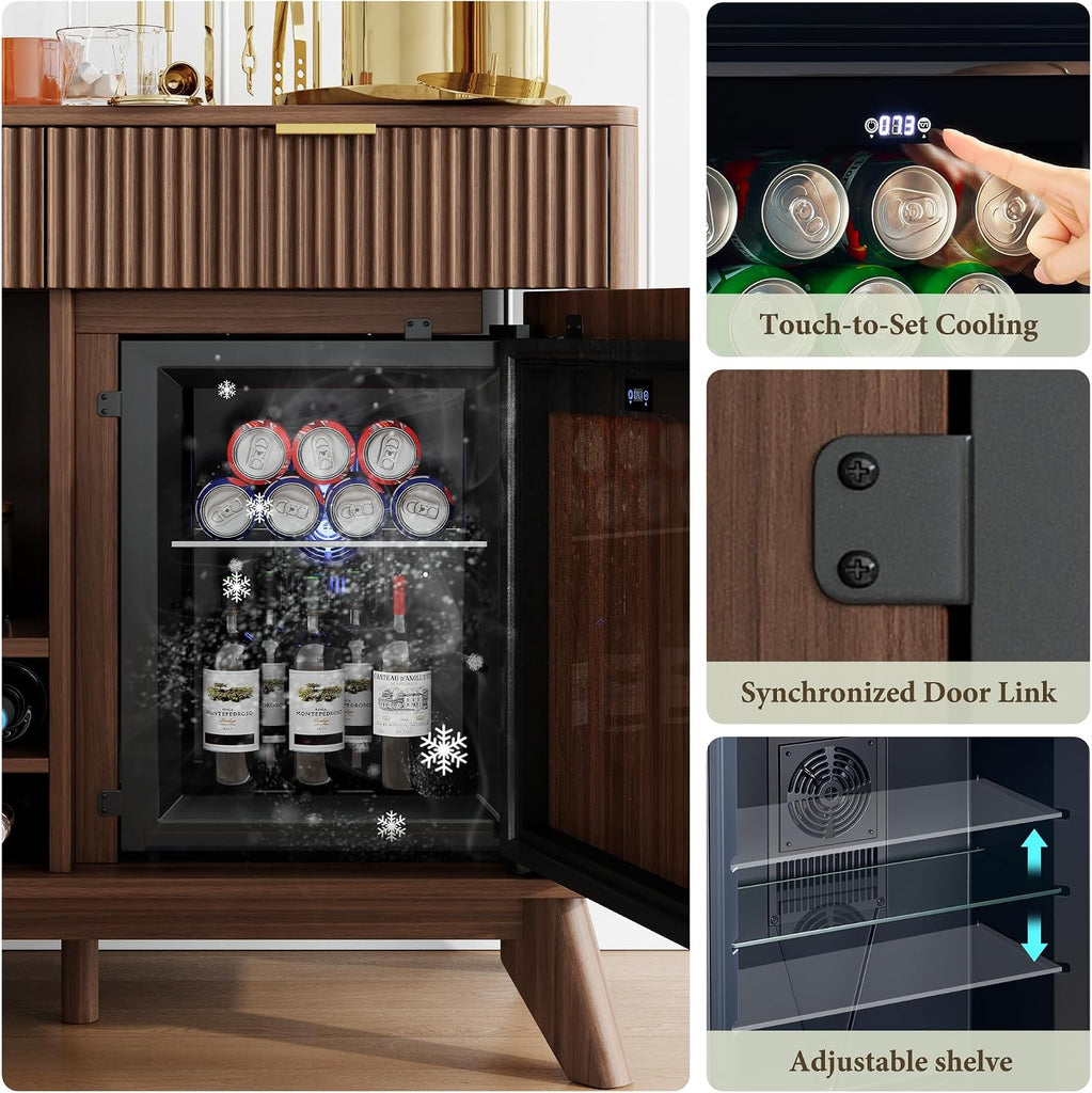 60" Wine Bar Cabinet, Coffee Bar Cabinet with Fridge, Sideboard Cabinet | Waveform Fluted Door, Adjustable Shelves, 3