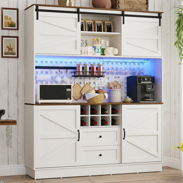 75"Tall 63"W Extra Large Farmhouse Kitchen Storage Pantry Hutch Cabinet w/Power Outlet, Pegboard, Coffee Bar
