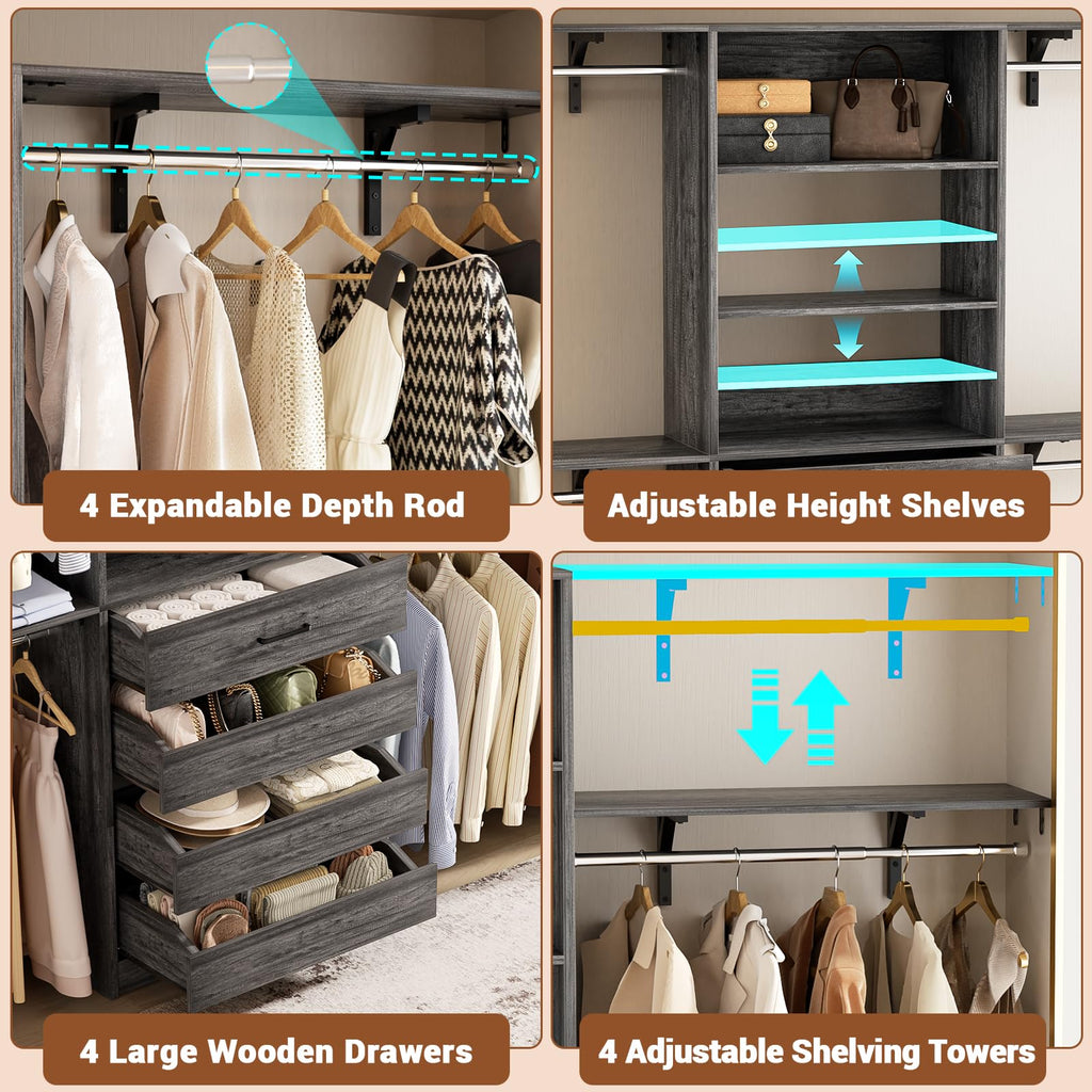 Closet System with 4 Drawers, 8FT Wood Closet Organizer System