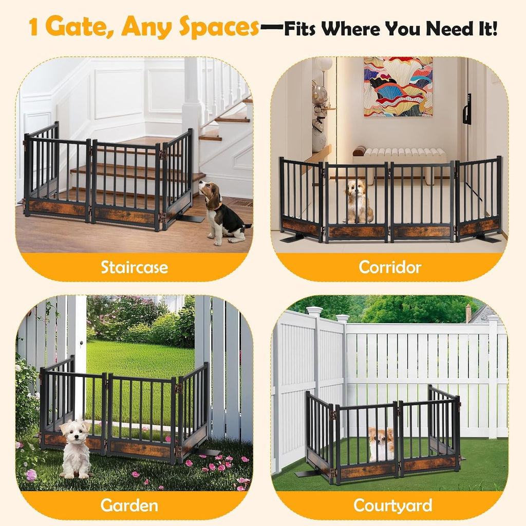 Freestanding Short Dog Gate, 16" Tall Pet Gate Indoor with Support Feet Easily Step Over, 4 Panel Metal Wood Foldable