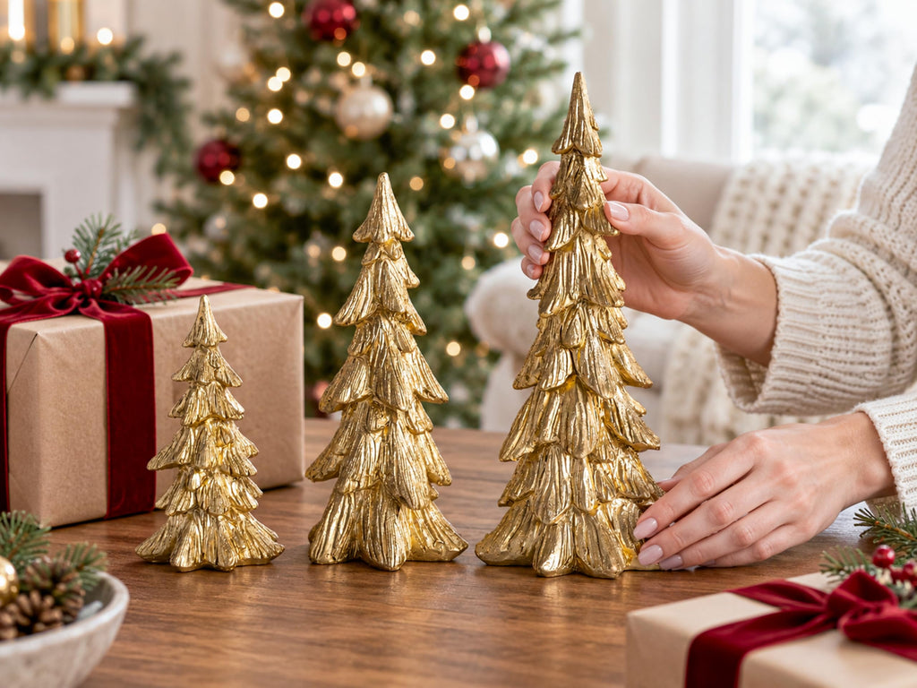 3PCS Gold Christmas Tree Figurines, Resin Tabletop Decor