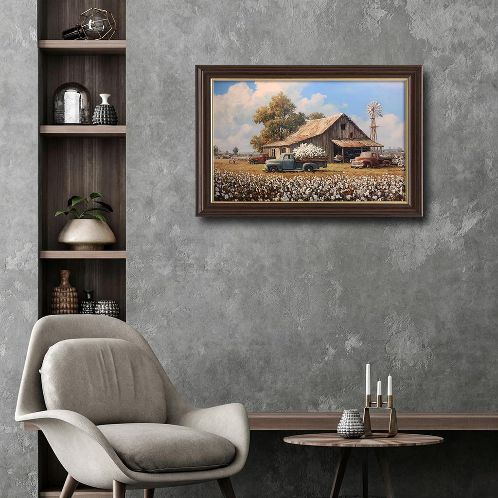 Vintage Framed Cotton Field Canvas Wall Art, Old Farm Trucks with Windmill Canvas Prints Pictures, Southern Farmhouse