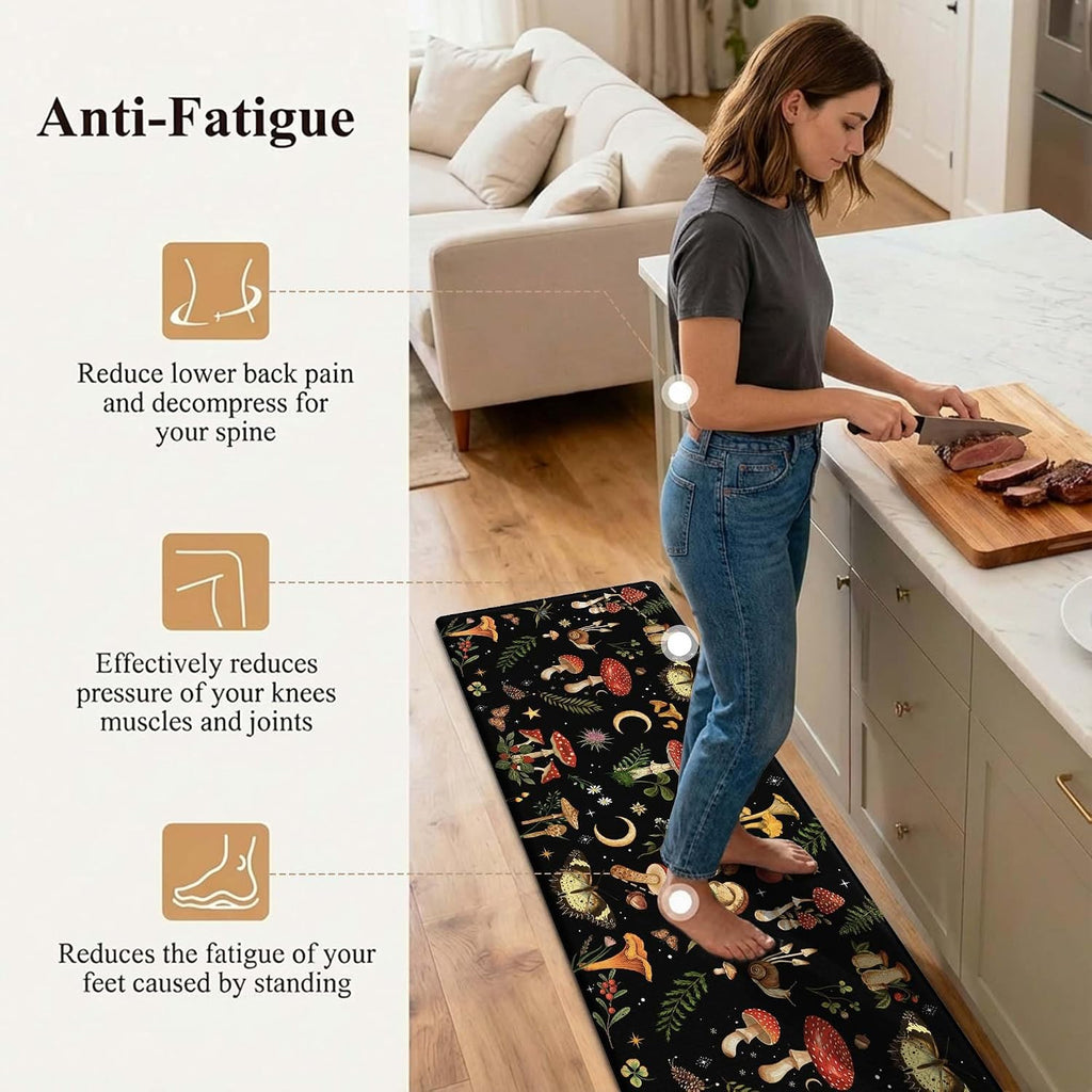 Mushroom Rug Kitchen Mats for Floor Cushioned Anti Fatigue Kitchen Rugs Sets of 2, Non Slip Waterproof Black Kitchen