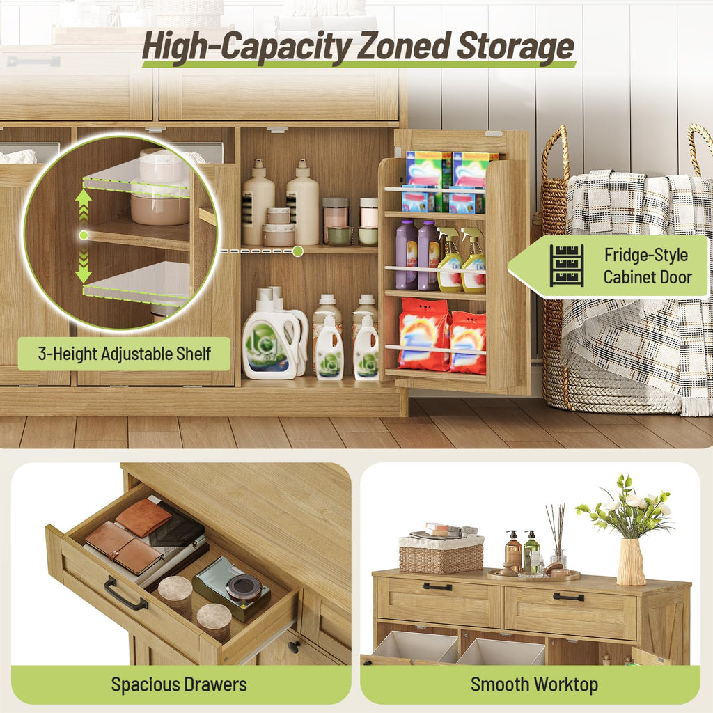 Double Tilt Out Laundry Hamper Cabinet, 43.3" Laundry Cabinet with 2 Removable Baskets, Farmhouse Wooden Hidden Trash