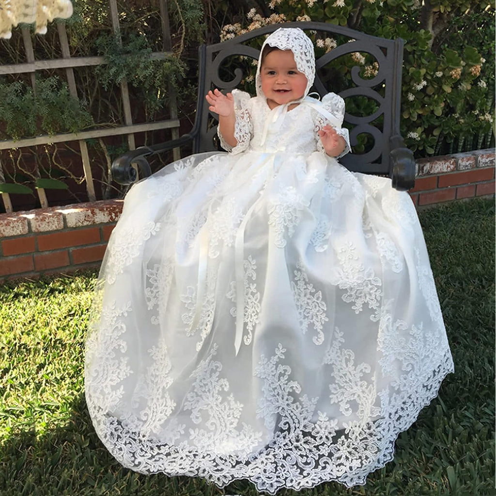 Long white lace christening dresses for baby girl