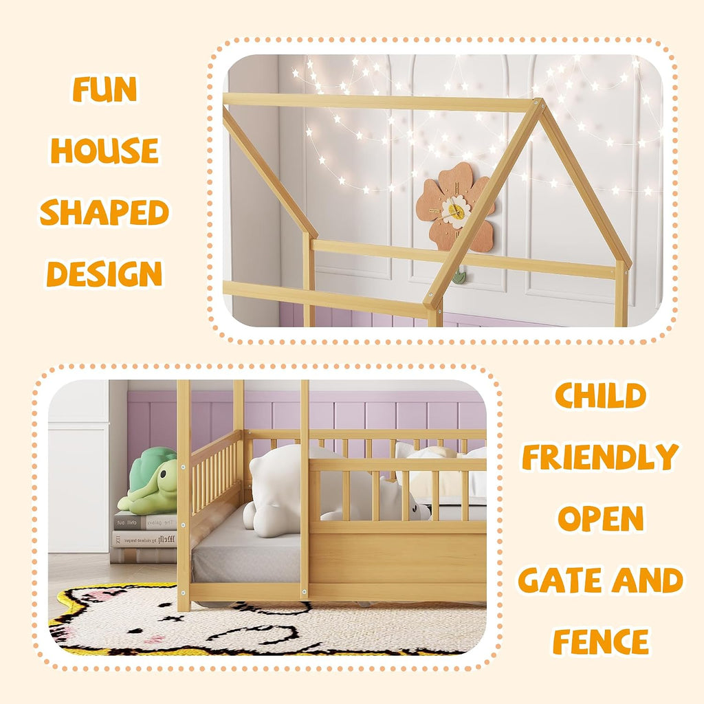 Montessori Floor Bed with High Fence, Roof and Door, Wood Montessori Bed, House Beds for Kids