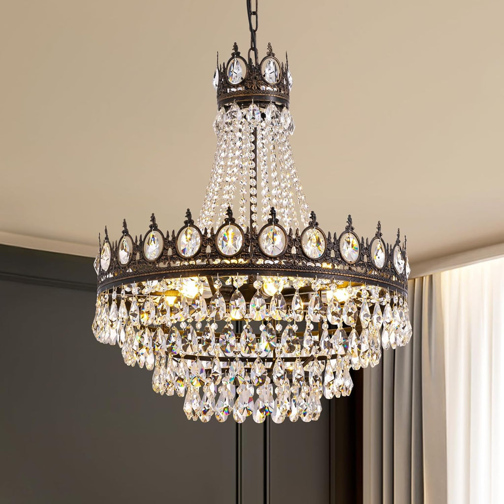 Large Crystal Chandeliers, Vintage French Empire Chandelier, Antique Bronze Crystal Pendant Light, Rustic Farmhouse Ceiling Light for Dining Room Bedroom Living Room Kitchen Foyer, W 24" A108-B0DL5NVW4P