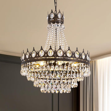 Large Crystal Chandeliers, Vintage French Empire Chandelier, Antique Bronze Crystal Pendant Light, Rustic Farmhouse Ceiling Light for Dining Room Bedroom Living Room Kitchen Foyer, W 24"