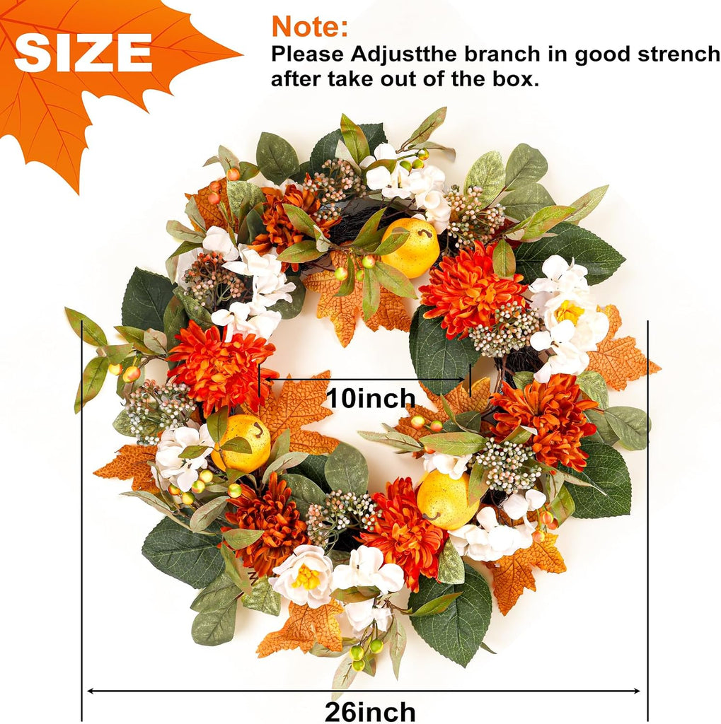 26" Fall Wreath for Front Door, Artificial Large Harvest Fall Wreath | with Pear, Orange Maple Leaf, Dahlia and White