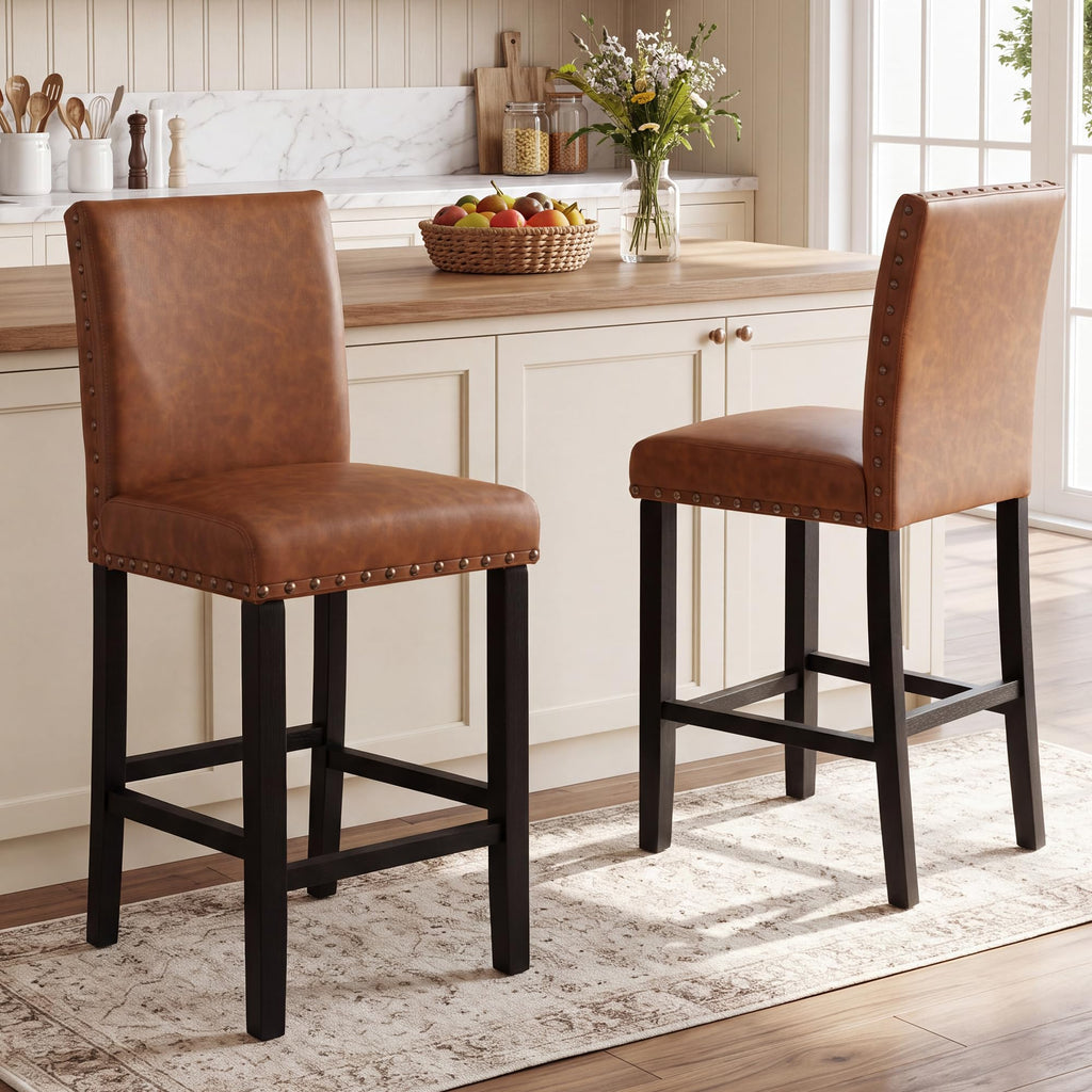 Upholstered Counter Stool, 24" Seat Height, Solid Wood Frame, 300 lbs Cap, PU Leather or Fabric, Nailhead Trim