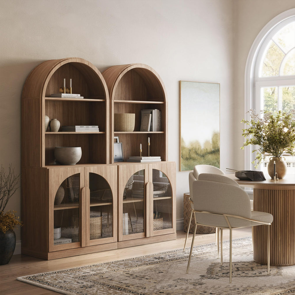 Arched Bookshelf with Glass Doors Set of 2, 71" Tall Wood Display Cabinet with Adjustable Shelf and Hutch, 5 Tier
