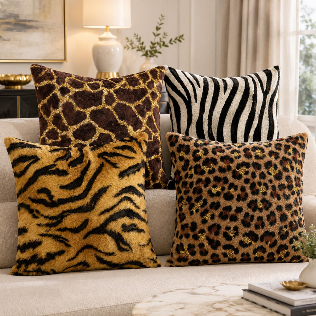 Animal Print Pillow Covers Set of 4 Brown Jungle Animal Throw Pillows Tan Faux Fur Room Decor Man Masculine Pillow