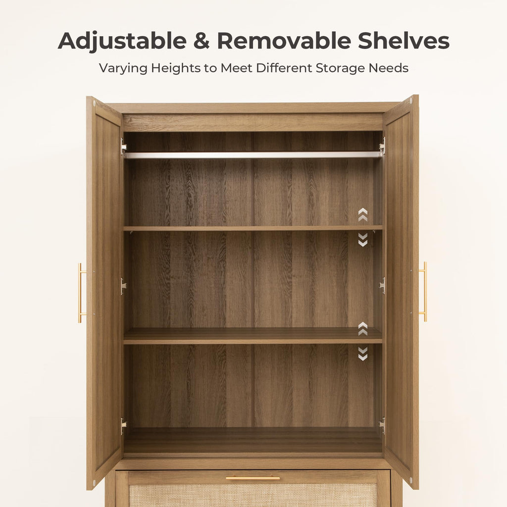 Rattan Armoire Wardrobe Closet, 71 inch Boho Wardrobe with Drawers