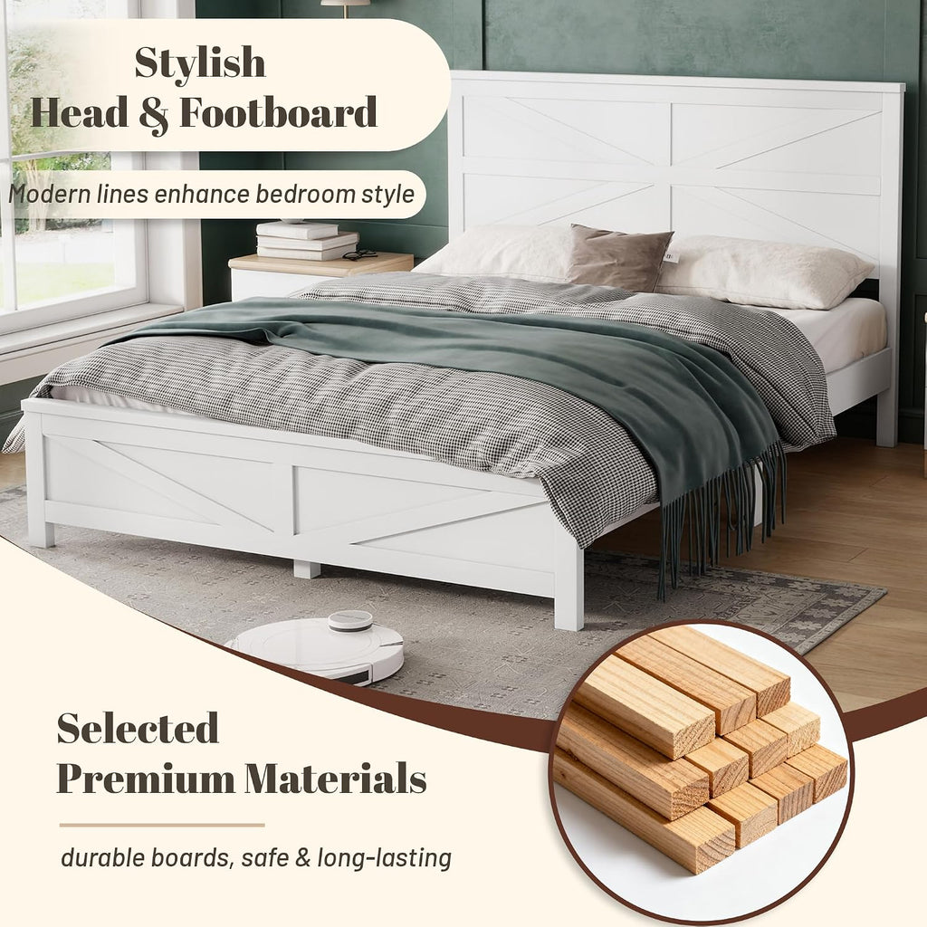 Farmhouse Queen Platform Bed Frame with Headboard and Footboard, Pinewood Bed Platform with Slat Support, No Box