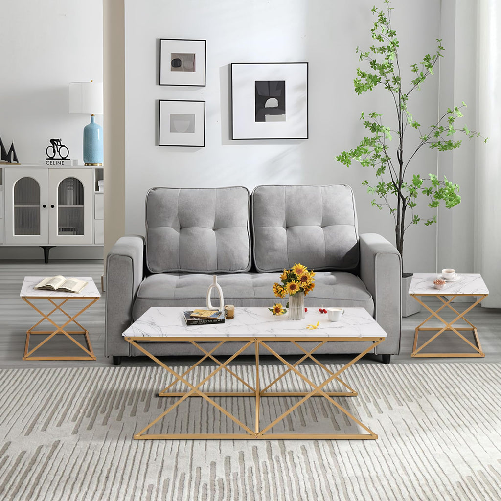 Modern Nesting Coffee Set of 3, Faux Marble Top with Golden Frame