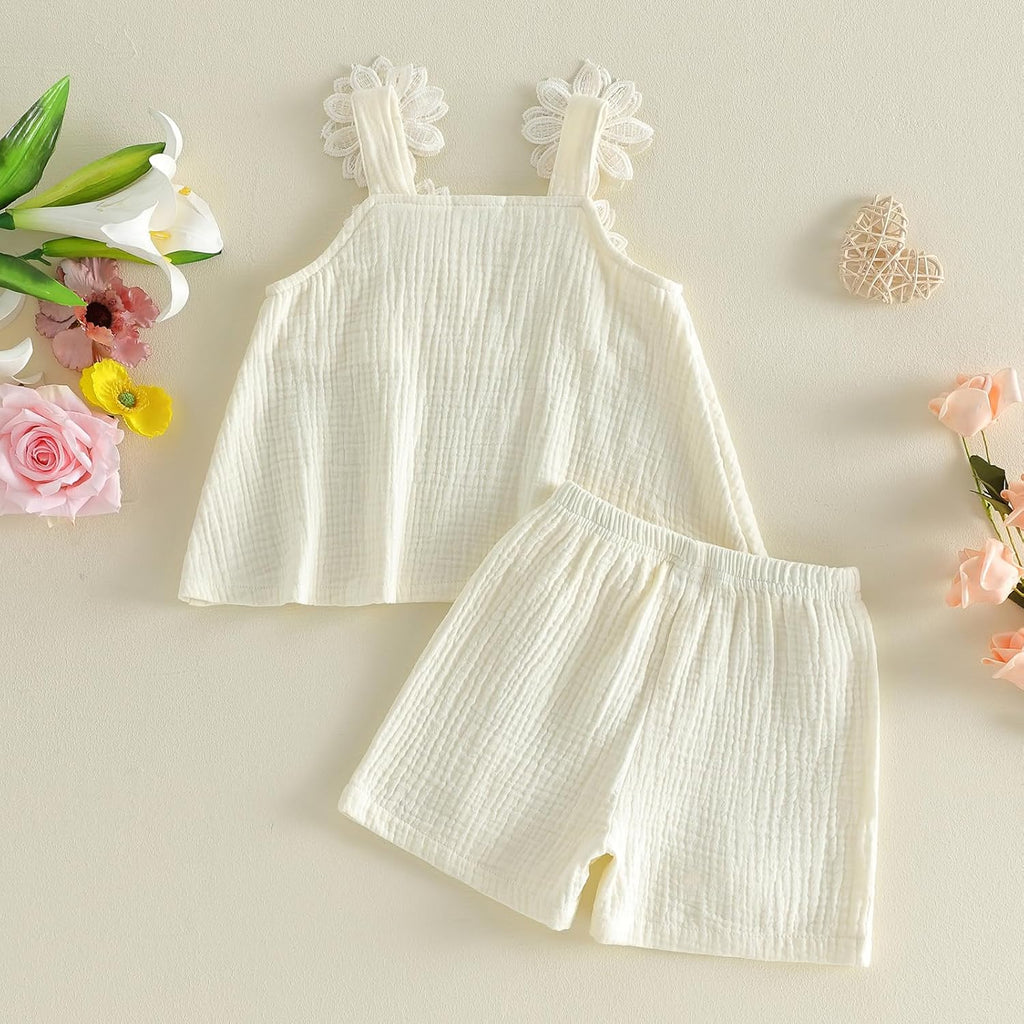 Toddler Baby Girl Clothes Decorative Flower Sleeveless Ruffle Top and Cute Shorts 2 Pcs Set Infant Casual Outfit