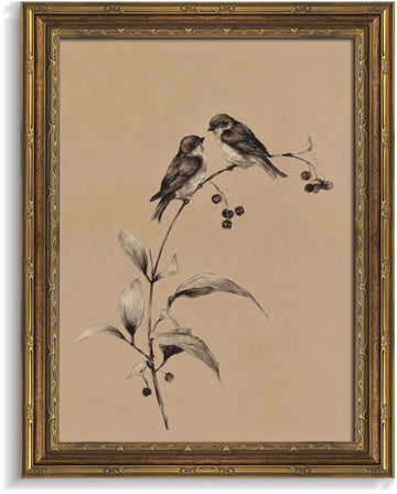 Gold Framed 3D Textured Wall Art, Vintage Sketch Birds on Branch Canvas Prints, Minimalist Love Bird Pictures Decor