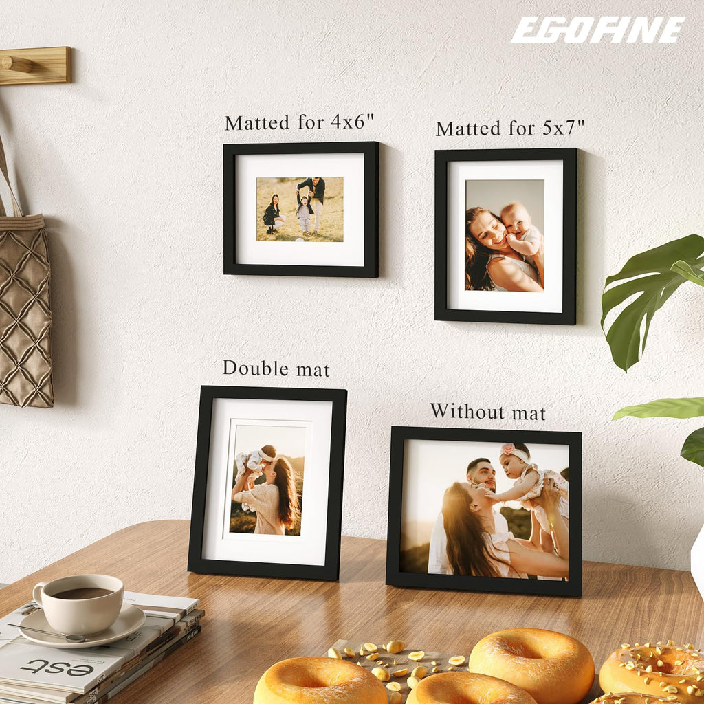 8x10 Picture Frames Set of 4, Made of Solid Wood Covered by Plexiglass 4x6 and 5x7 with Mat or 8x10 without Mat, for