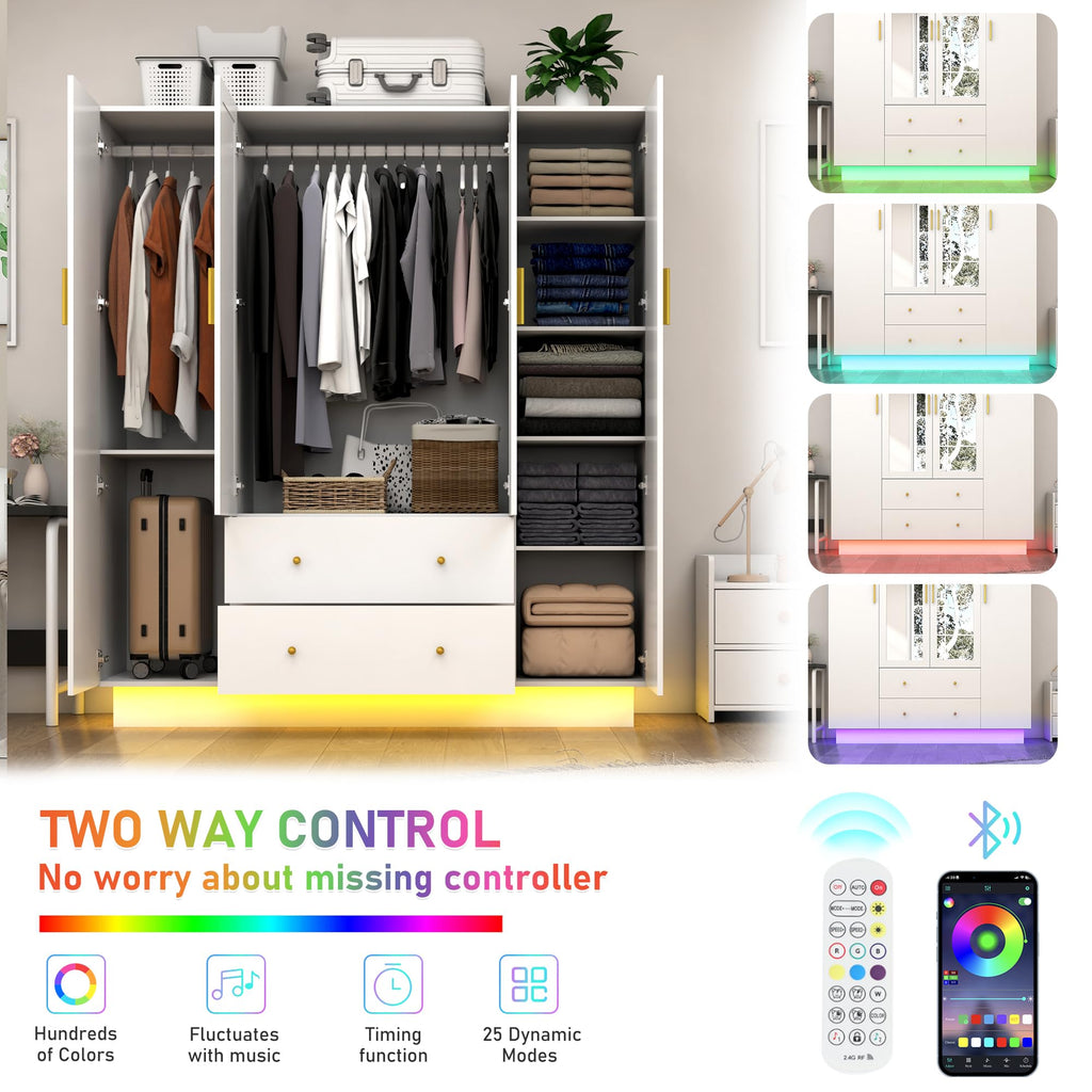 4 Door Wardrobe Closet with Mirrors and LED Lights, Bedroom Armoire with Drawers and Shelves, Modern Wooden Armoire