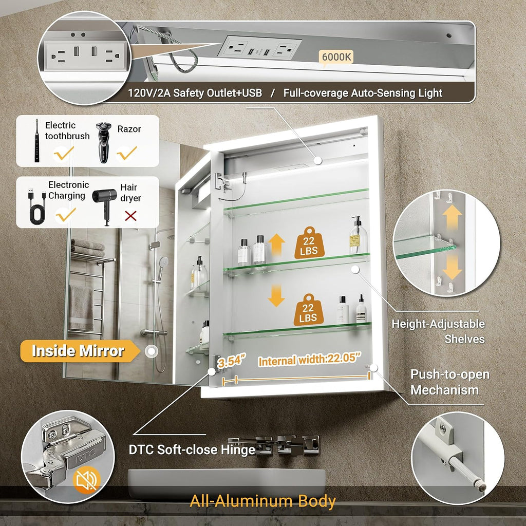 LED Medicine Cabinet with Mirror, 24x32 Surface or Recessed Lighted Medicine Cabinet with Mirror, Dimmable Fogless