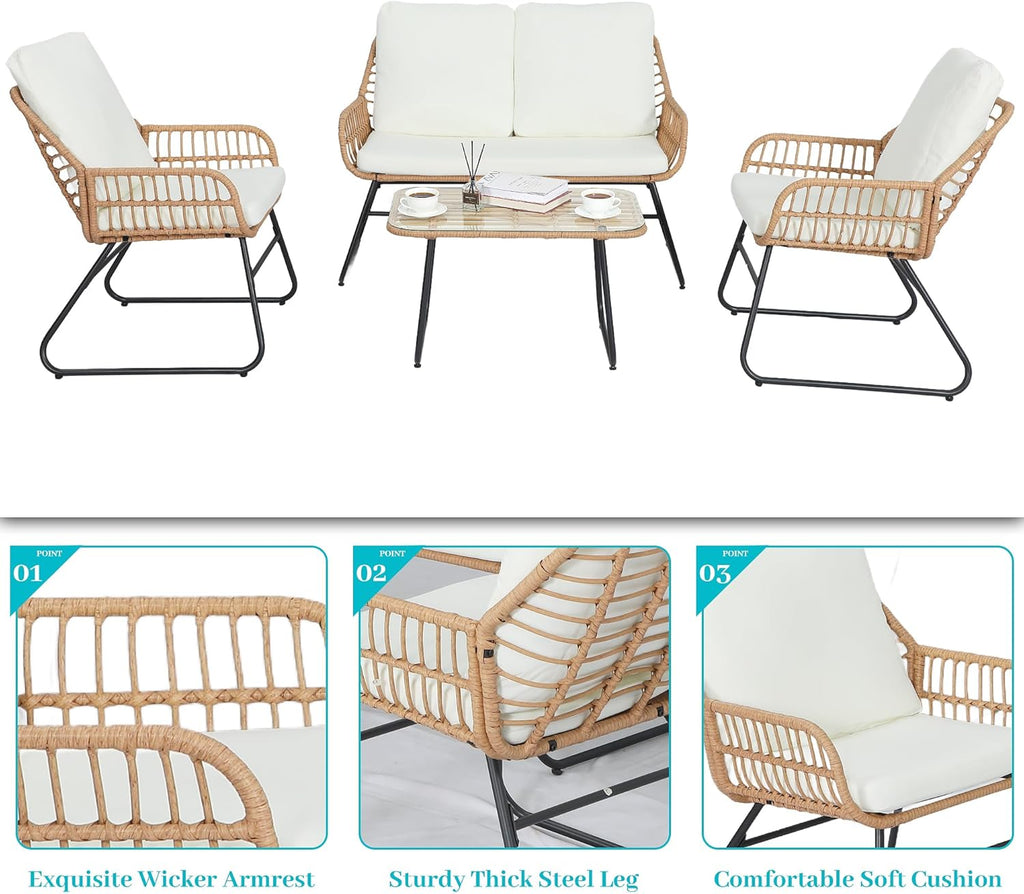 4 Pieces Outdoor Patio Furniture Set,Patio Conversation Set,Rattan Wicker Bistro Sets with Loveseat Chairs and