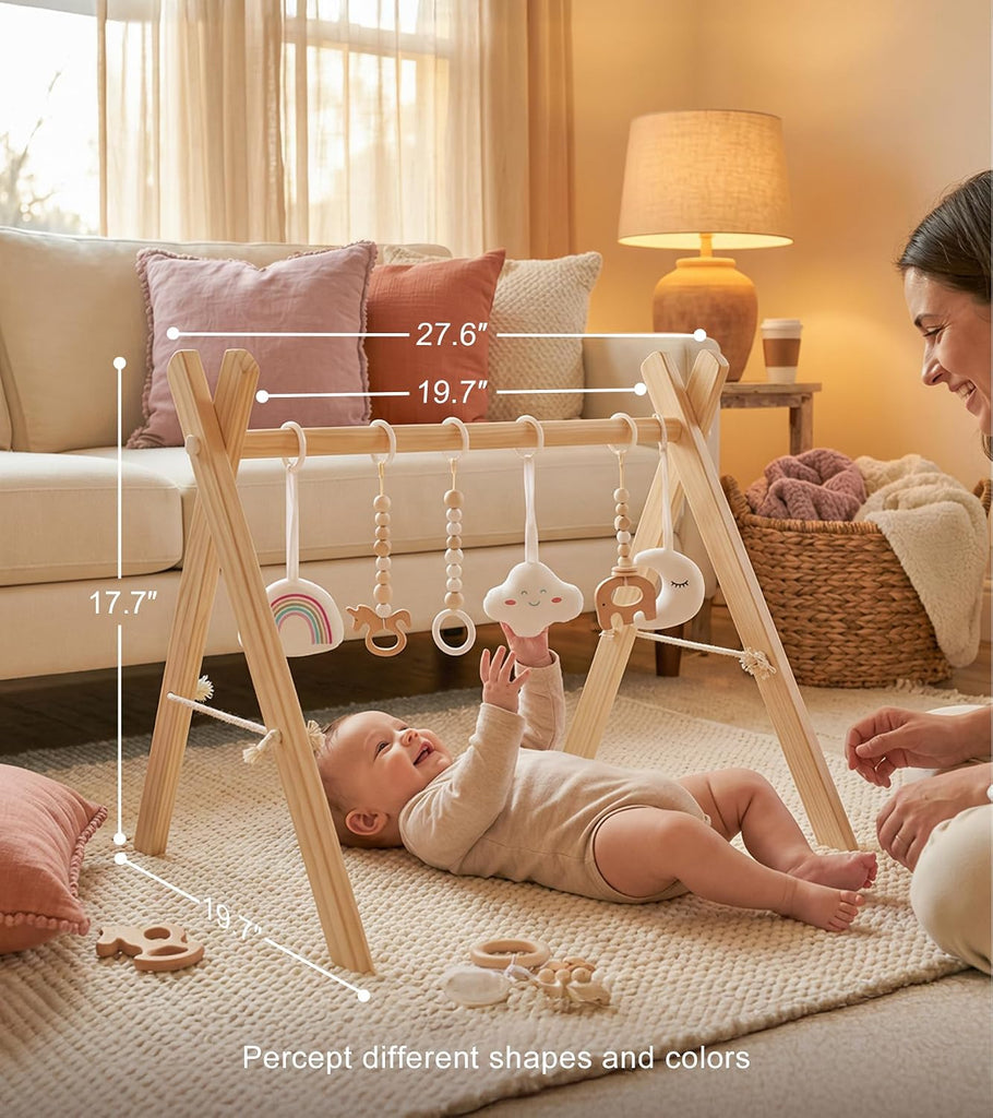 Wooden Baby Gym with 6 Gym Toys, Foldable Baby Play Gym, Natural Pine Wood Play Gym, Frame Activity Center Hanging