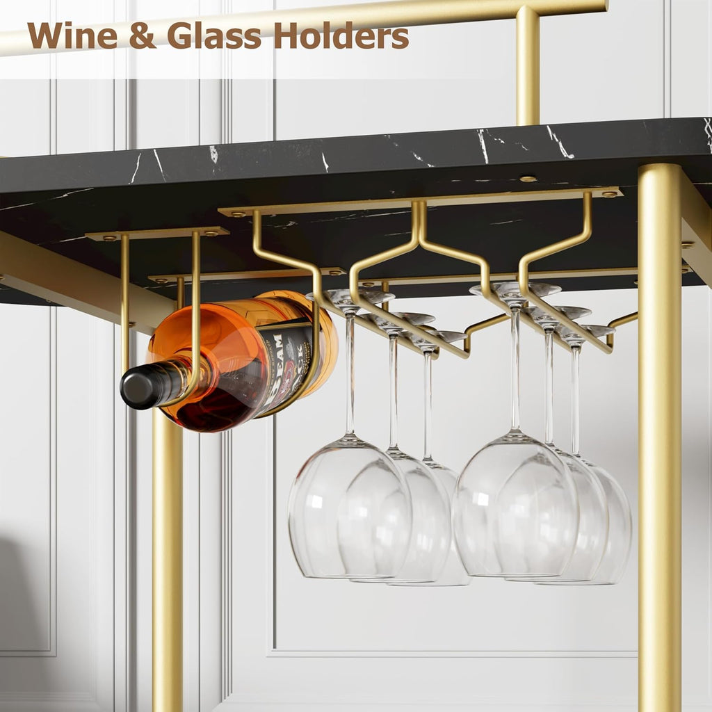 3-Tier Wheeled Bar Cart with Wine Rack Glass Holder Metal Serving Trolley,Gold Paint + Black Marble Panel
