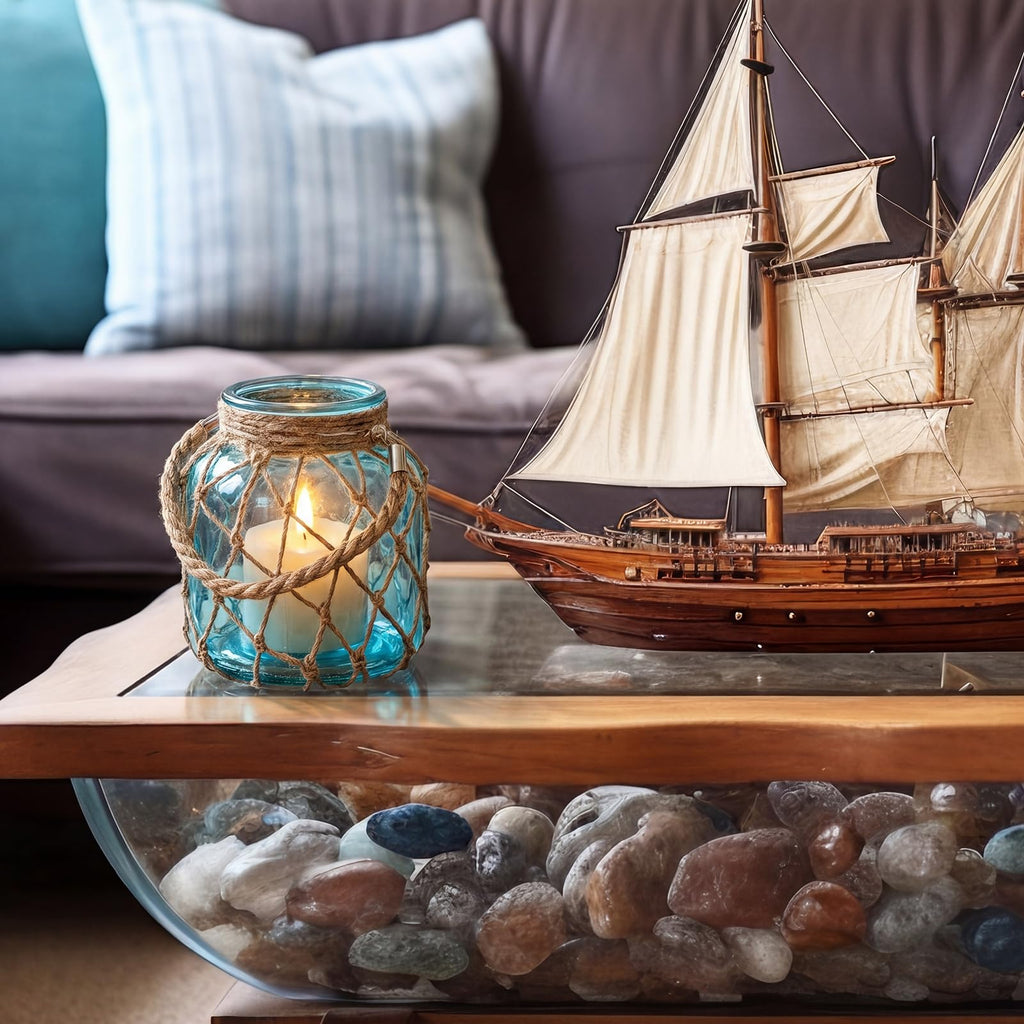 2 Set Nautical Lanterns Rope Handle, Coastal Glass Jar, Blue