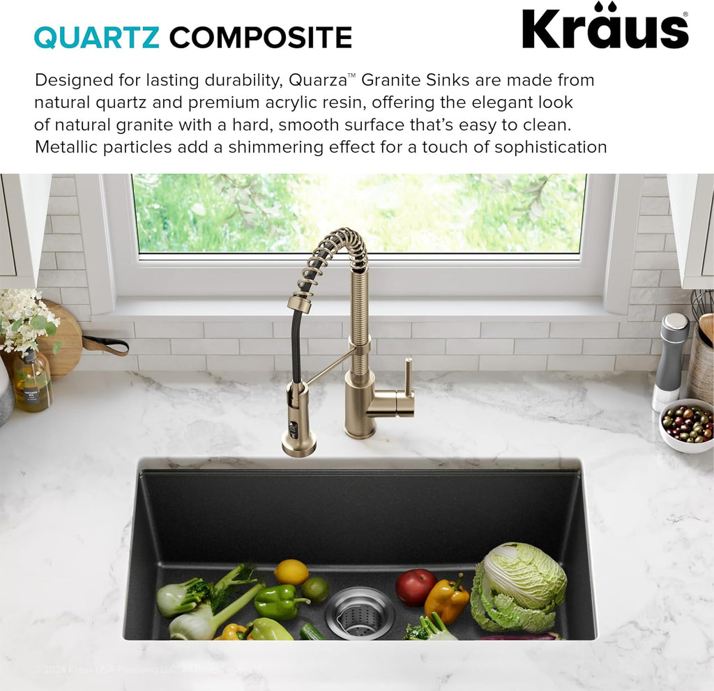 Black Onyx 31 in Undermount Granite Kitchen Sink KGU-413B | Quartz composite with metallic particles, heat-safe
