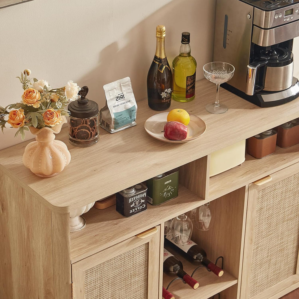 Rattan Wine Bar Cabinet with 2 Doors, Natural Wood | Boho Liquor Cabinet with Wine Racks & 2 Open Shelves & Rounded