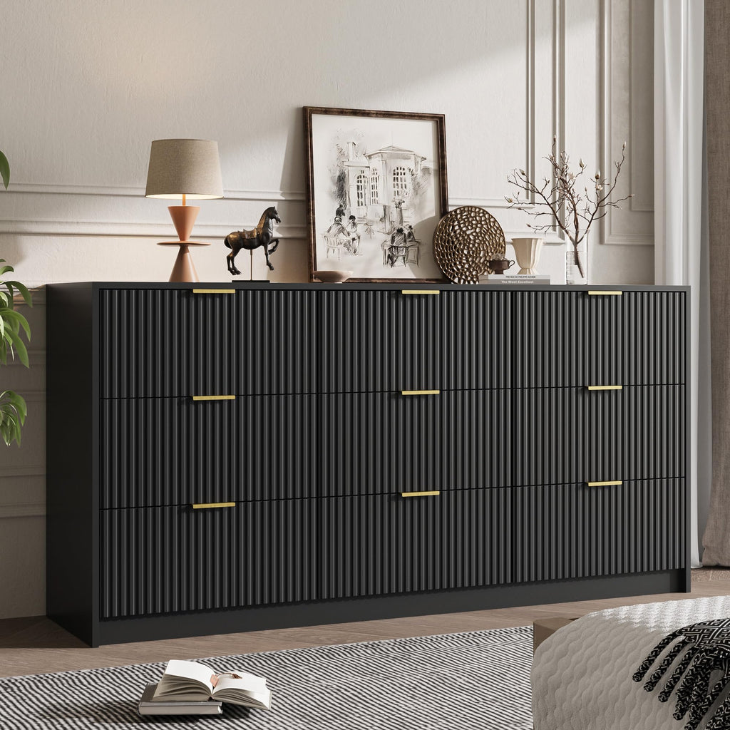 63" Wide Fluted 9-Drawer Dresser, Black