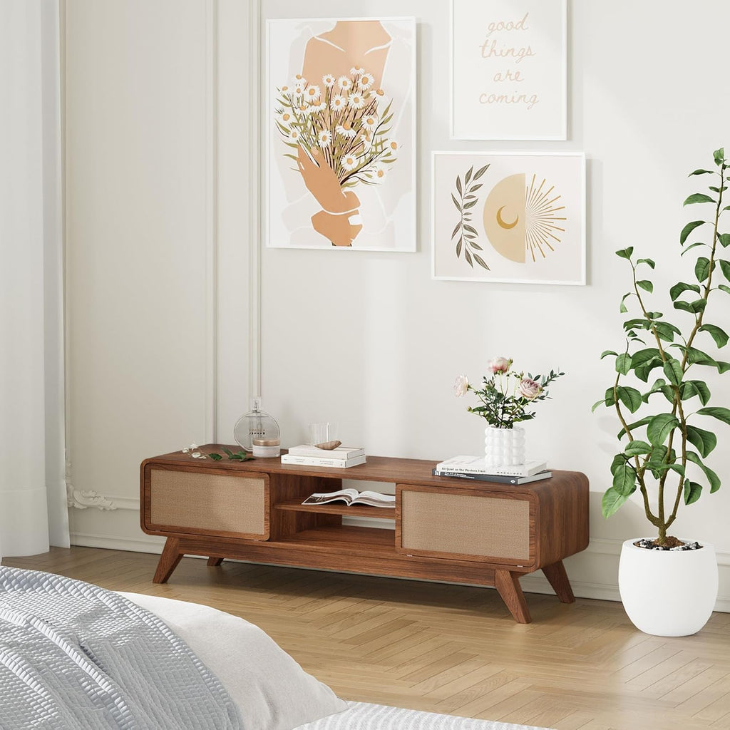 Mid Century Modern TV Stand for TVs up to 65'', Farmhouse Entertainment Center with Storage, TV Cabinet Table with