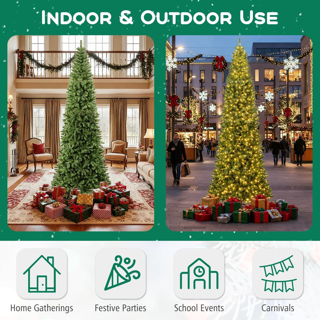 12 FT Pre-lit Christmas Tree, Slim Xmas Tree w/Quick Connector