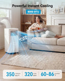 8000 BTU Portable Air Conditioner, 3-in-1 Cools 350 Sq.Ft, Quiet AC with Fan & Dehumidifier, LED Display, Remote