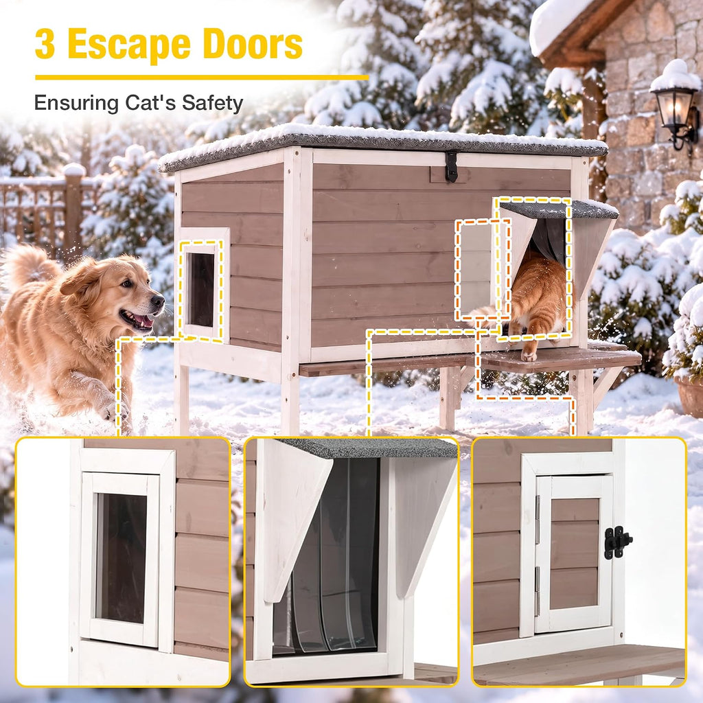 Heated Cat House with Insulated Liner, Large Feral Cat Shelter for Winter, Weatherproof Cat Condos for Outdoor Indoor