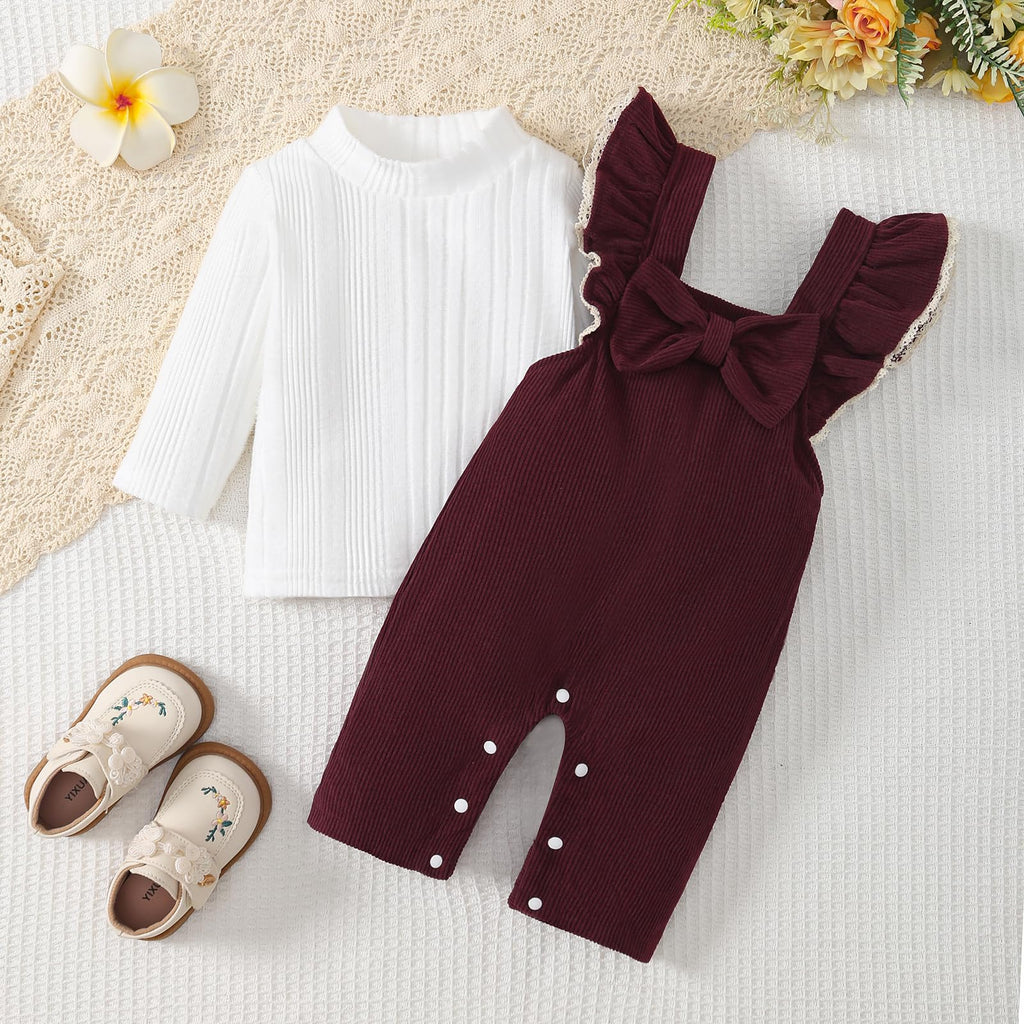 Newborn Baby Girl Fall Winter Corduroy Ruffle Overall Romper Set