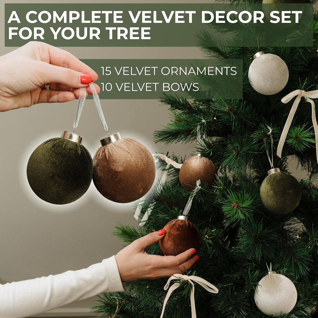 Elegant Velvet Christmas Ornaments Set - 15 Shatterproof Balls & 10 Bows - Set of 15