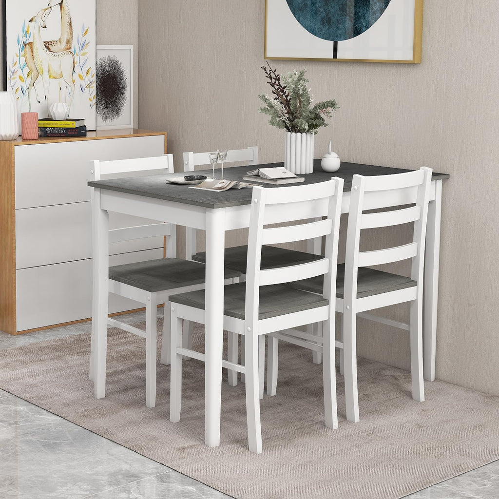 5 Piece Dining Table Set for 4, Farmhouse Kitchen Table and 4 Chairs with Rubber Wood Legs, Space-Saving Wooden