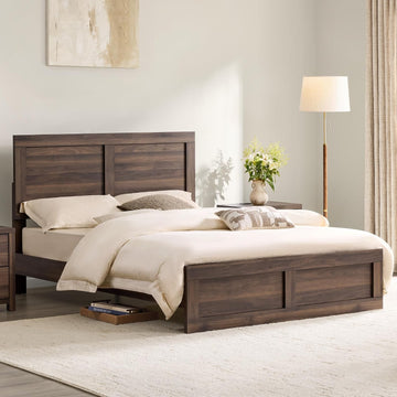 Wood Bed Frame with Headboard and Footboard, Walnut, Queen