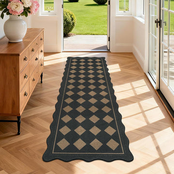 Checkered Hallway Runner Rug 2x6, Non Slip Washable Mat, Black