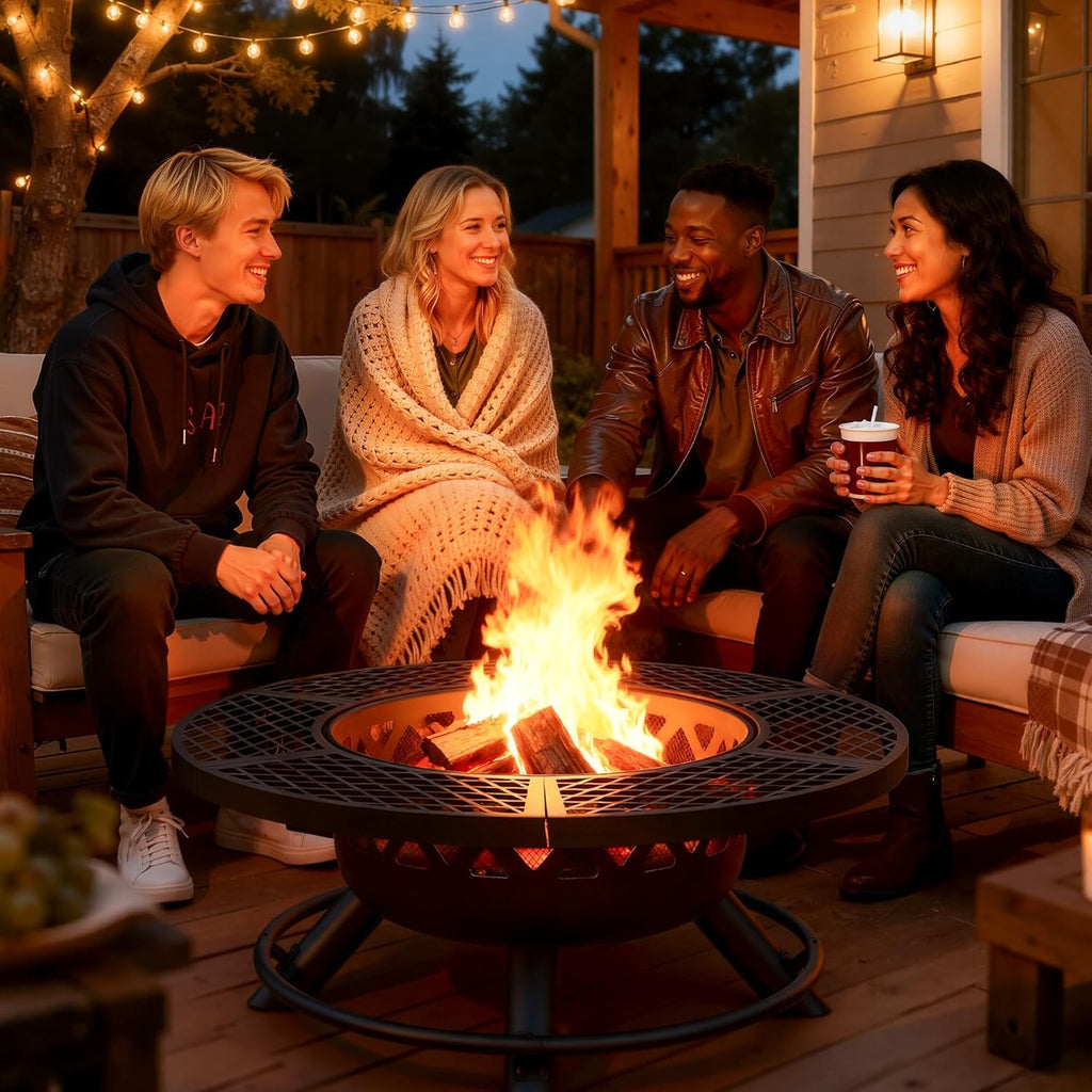 Fire Pit with Poker, 40 inch Outdoor Fire Pit Patio, Wood Burning Firepits for Outside with Grill