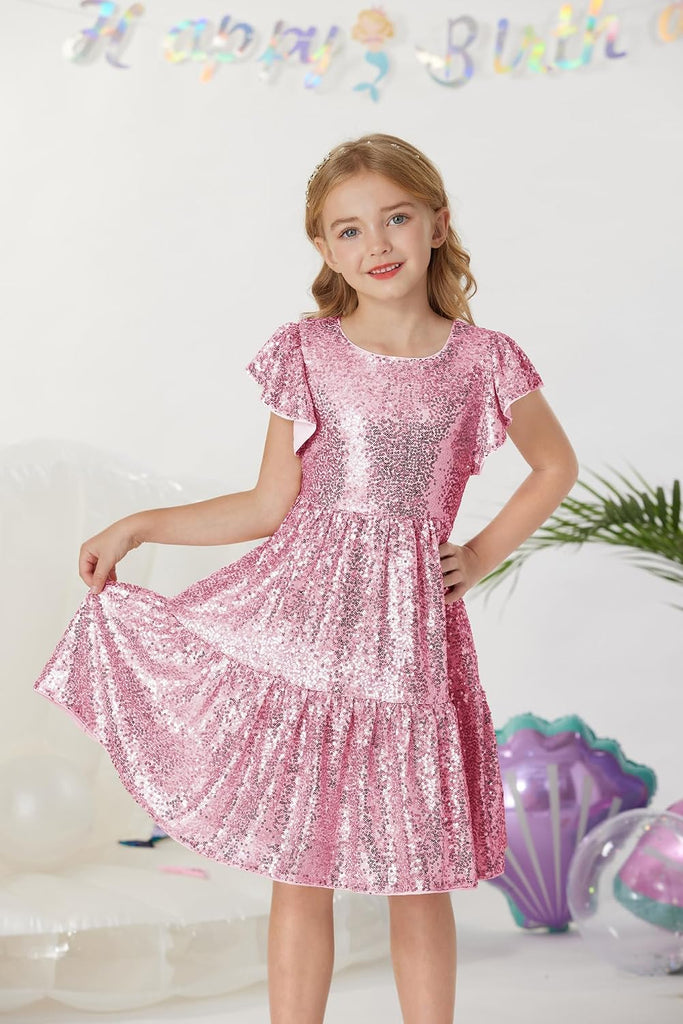 Girls Formal Party Dress Sequin Birthday Fancy Dresses Wedding Guest Dance Ruffle Dress