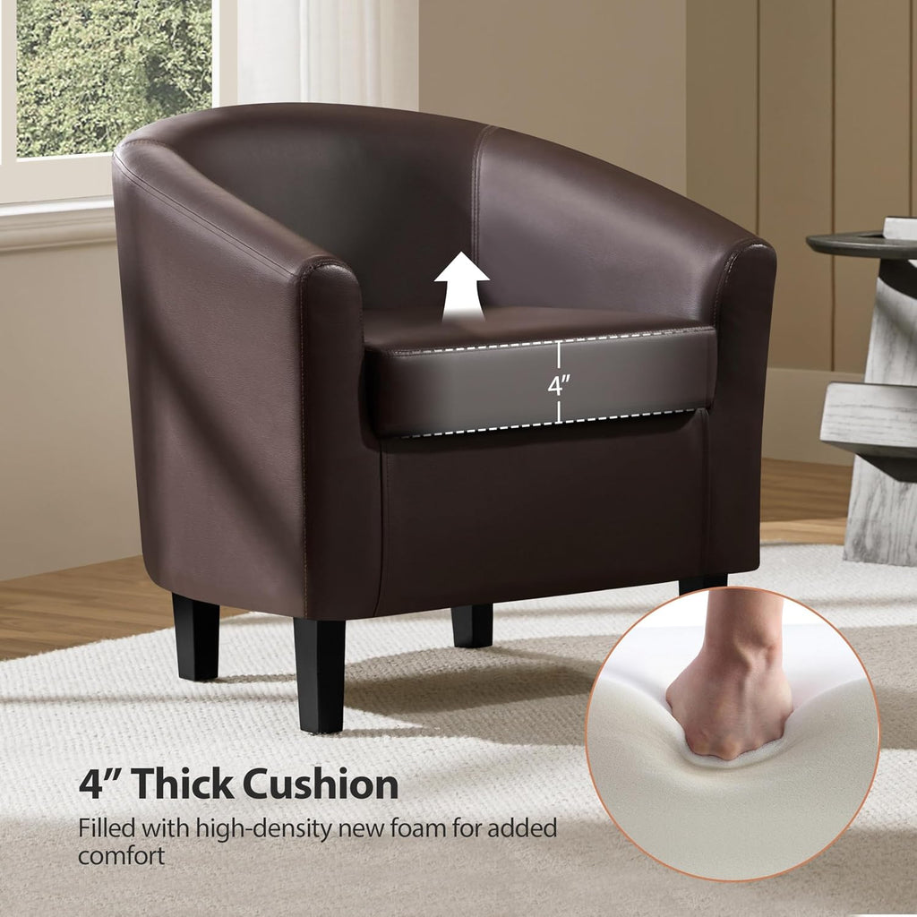 Accent Chairs, Faux Leather Barrel Armchairs Espresso - Set of 2