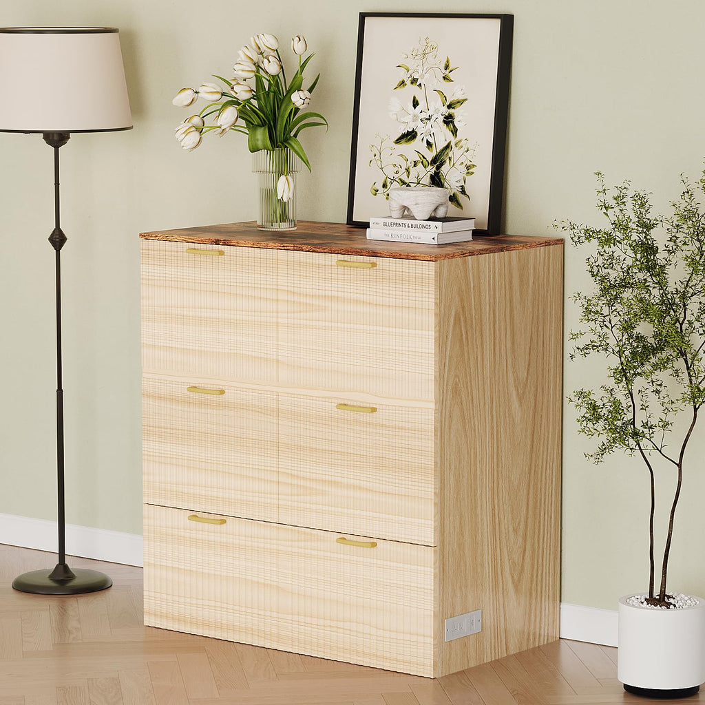 Twin Murphy Bed with Storage Drawer, Fluted Wooden Foldable Bed Cabinet with Charging Station, Boho, Hideaway Paltform