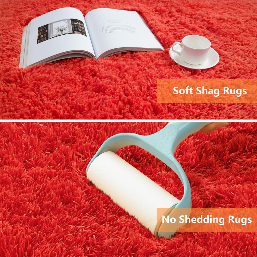 Shag Runner Rug Living Room 3x7 Upgrade Non-Slip Fluffy Soft Bedside Rugs, Red Shaggy Carpet Dorm Home Decor Aesthetic