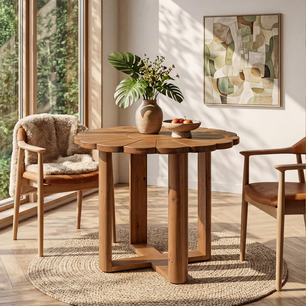 31.5-Inch Solid Wood Round Dining Table for 2-4, Small Farmhouse Kitchen Table with Carved Petal Pattern, Wooden